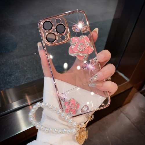 Rhinestones Camellia Phone Case With Full Protective Anti-fall For iPhone With Beads Lanyard